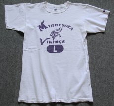 画像2: 80s USA製 Championチャンピオン NFL MINNESOTA VIKINGS 四段中抜き 染み込みプリント コットン Tシャツ 白 L (2)