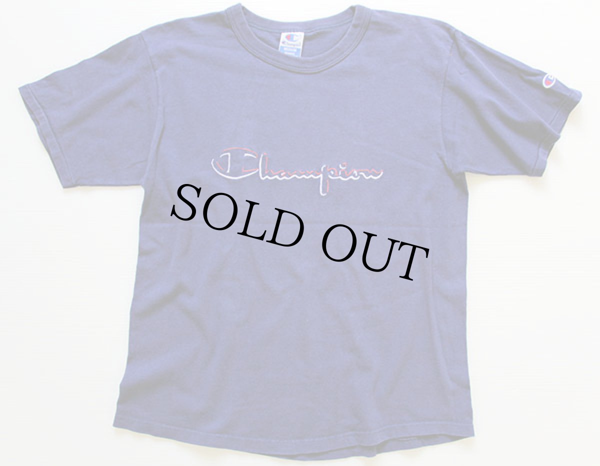 画像2: 90s USA製 Championチャンピオン スクリプト ビッグロゴ刺繍 コットンTシャツ ナス紺 M (2)