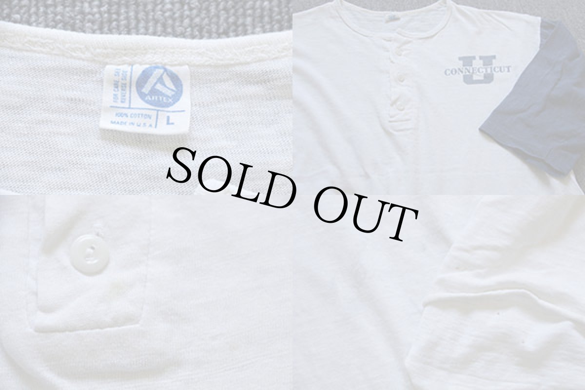 画像3: 70s USA製 ARTEX CONNECTICUT 染み込みプリント ヘンリーネック 七分袖 Tシャツ 白×紺 L (3)