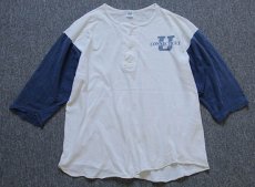 画像1: 70s USA製 ARTEX CONNECTICUT 染み込みプリント ヘンリーネック 七分袖Tシャツ 白×紺 L (1)