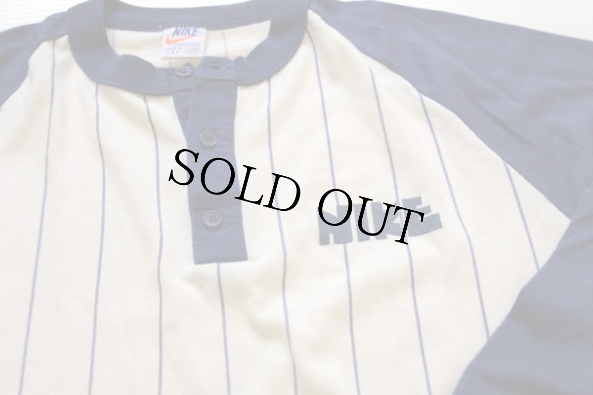 画像3: 70s USA製 NIKEナイキ ゴツナイキ ストライプ ヘンリーネック 七分袖 Tシャツ クリーム×紺 L (3)