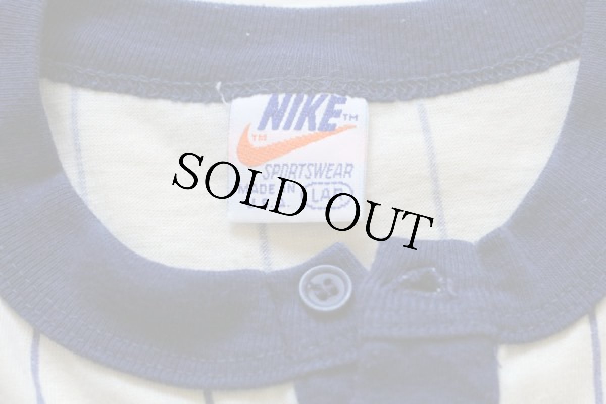 画像4: 70s USA製 NIKEナイキ ゴツナイキ ストライプ ヘンリーネック 七分袖 Tシャツ クリーム×紺 L (4)