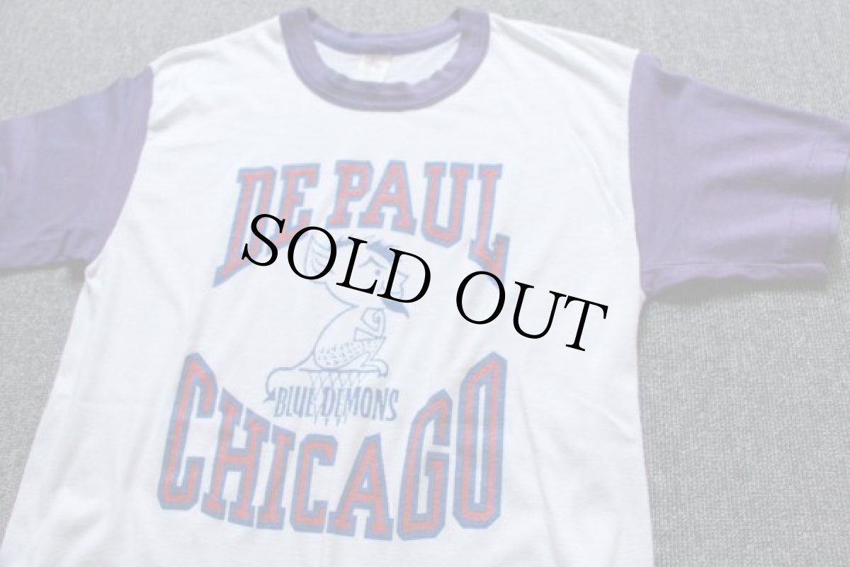 画像1: 80s USA製 DE PAUL CHICAGO BLUE DEMONS ツートン Tシャツ 白×紫 L (1)