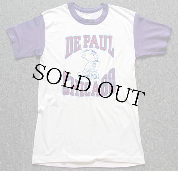 80s USA製 DE PAUL CHICAGO BLUE DEMONS ツートン Tシャツ 白×紫