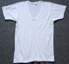 画像2: 80s USA製 FRUIT OF THE LOOM 無地 バインダー Vネック コットン Tシャツ 白 M (2)