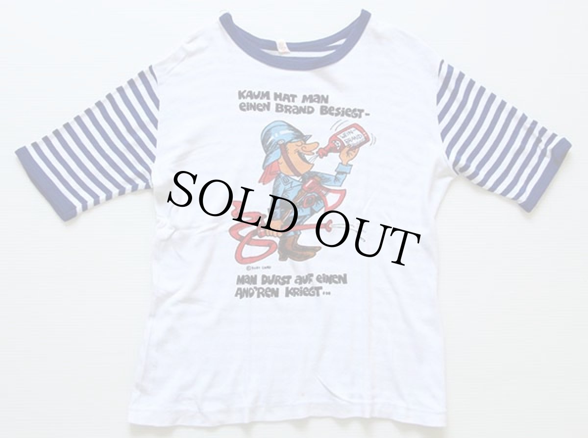 画像2: 70s ドイツ製 ボーダー 切り替え 染み込みプリント Tシャツ 52/54 (2)