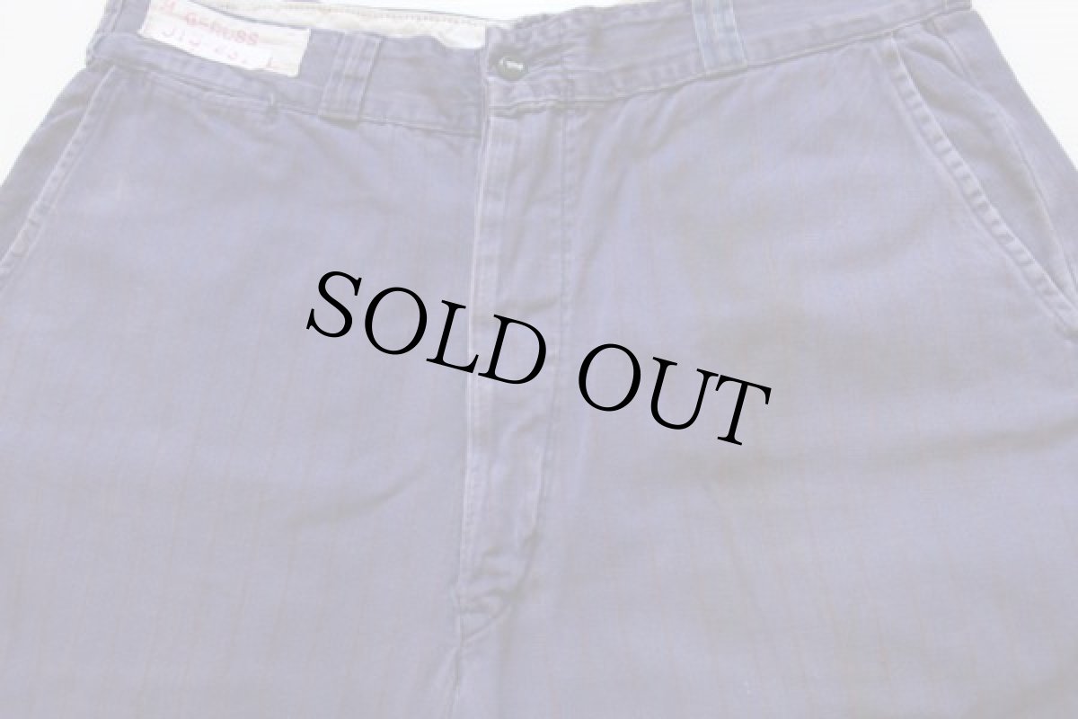 画像2: 60s UNKNOWN ピンストライプ コットン ワークパンツ ダメージ ナス紺 34 (2)