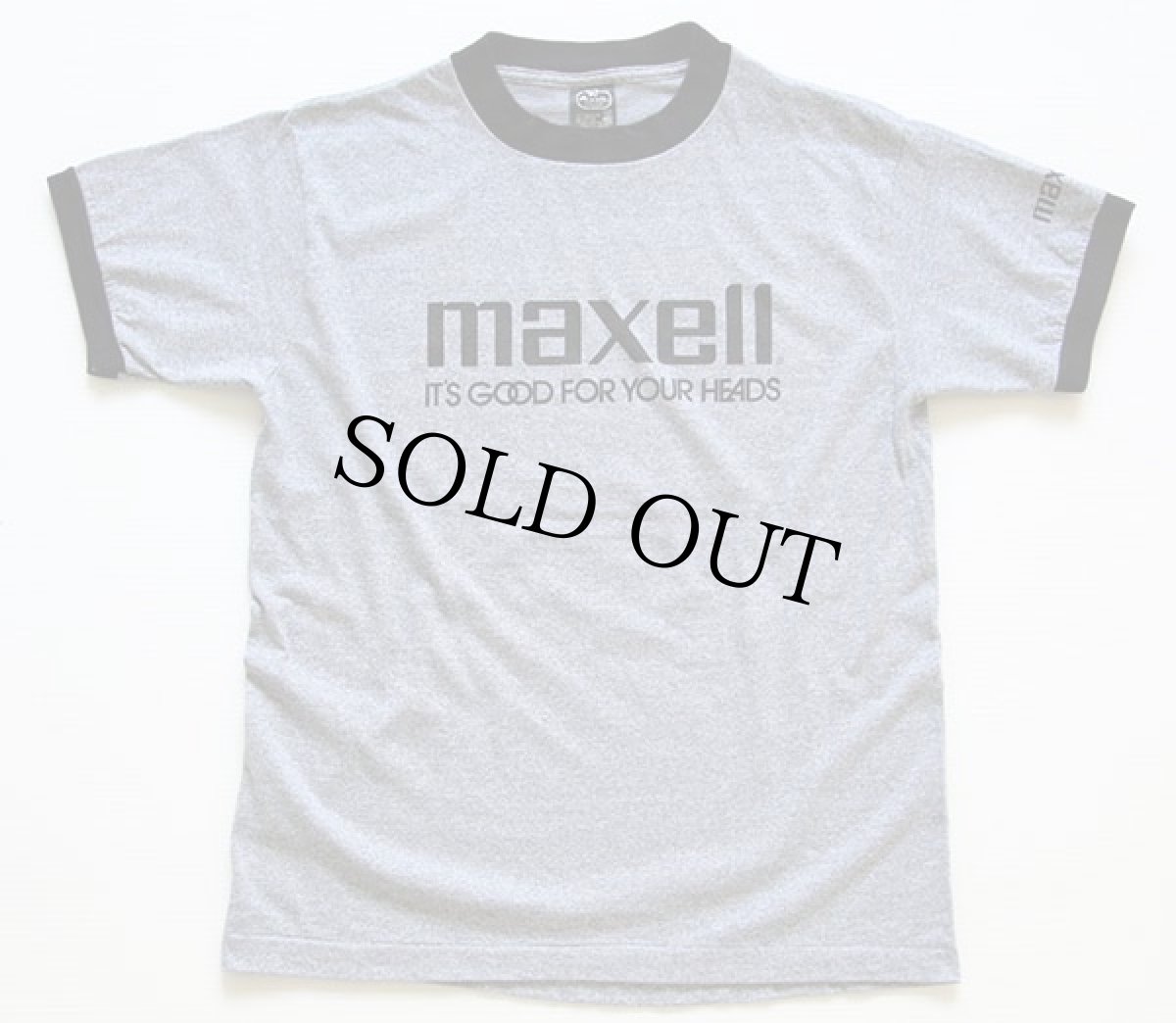 画像2: 80s USA製 maxellマクセル ロゴ 染み込みプリント リンガーTシャツ 杢グレー×黒 M (2)