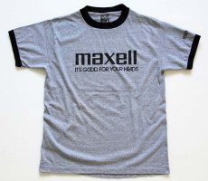 画像2: 80s USA製 maxellマクセル ロゴ 染み込みプリント リンガーTシャツ 杢グレー×黒 M (2)