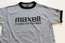 画像1: 80s USA製 maxellマクセル ロゴ 染み込みプリント リンガーTシャツ 杢グレー×黒 M (1)