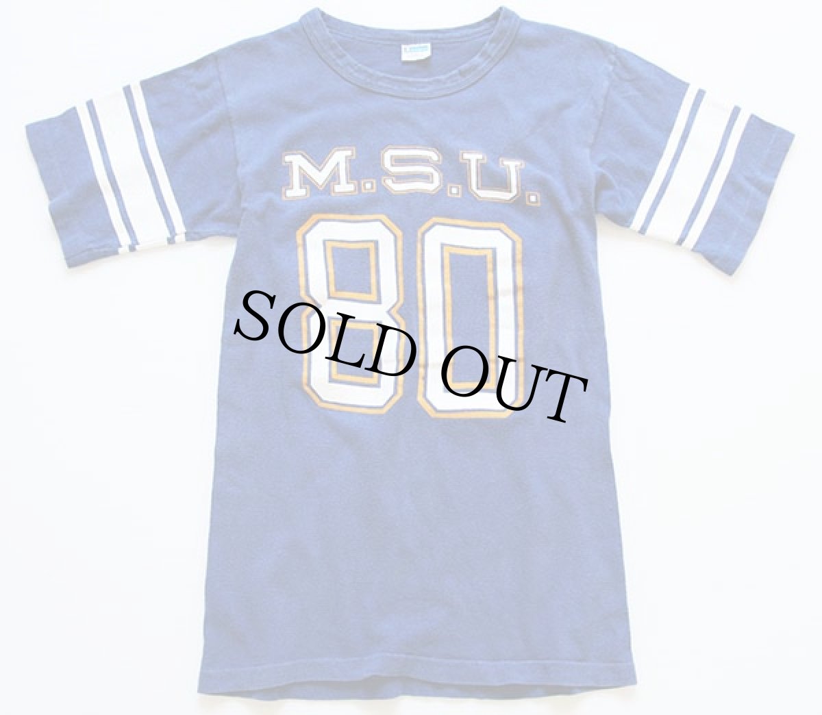 画像1: 70s USA製 Championチャンピオン M.S.U.80 フットボールTシャツ 青 S (1)
