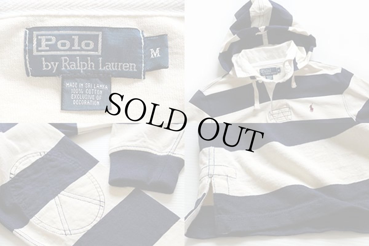 画像3: ポロ ラルフローレン 太ボーダー フード付き ラガーシャツ 紺×オフホワイト M (3)