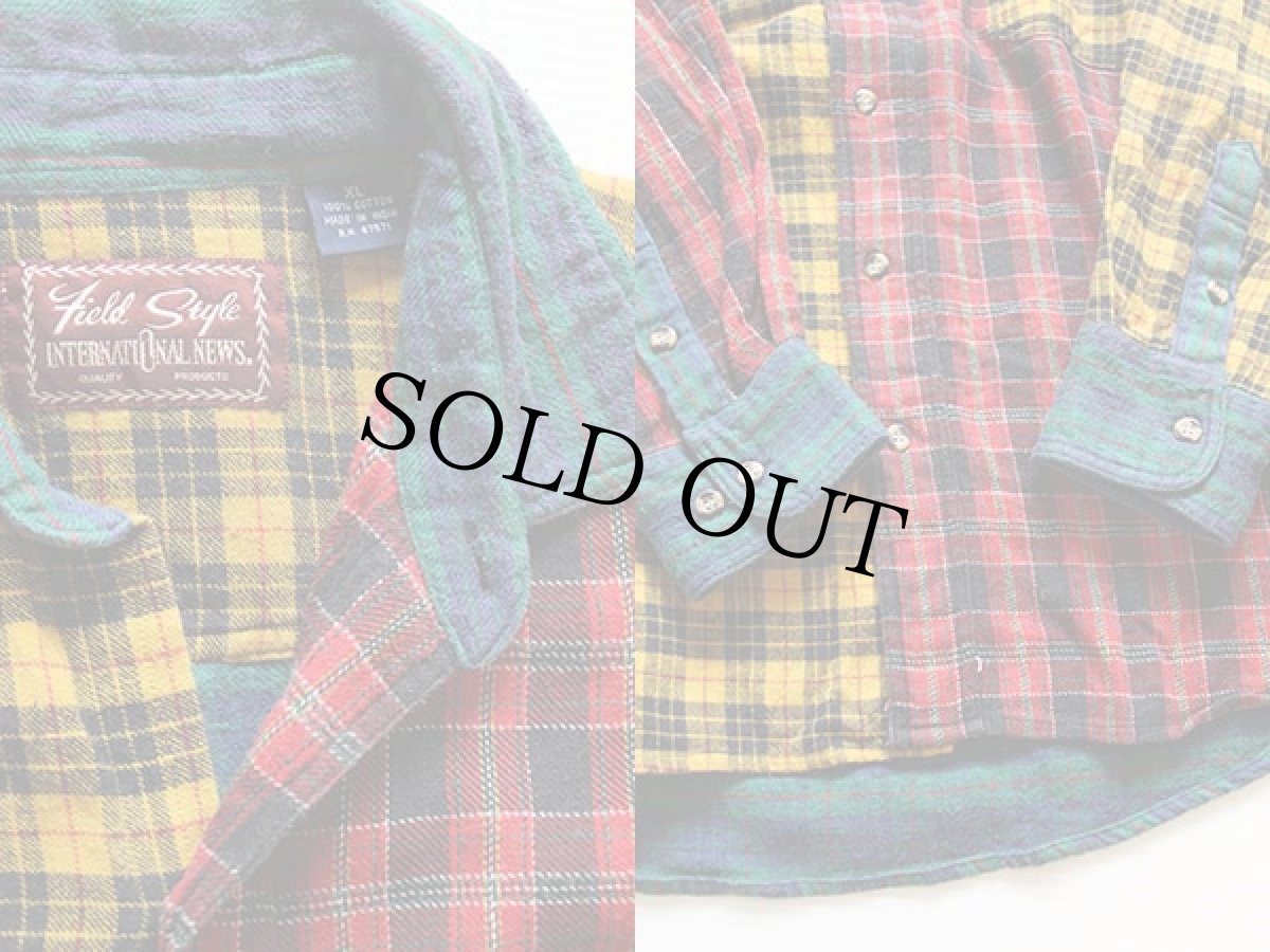 画像3: Field Style クレイジーパターン チェック コットン ネルシャツ XL★インド綿 (3)