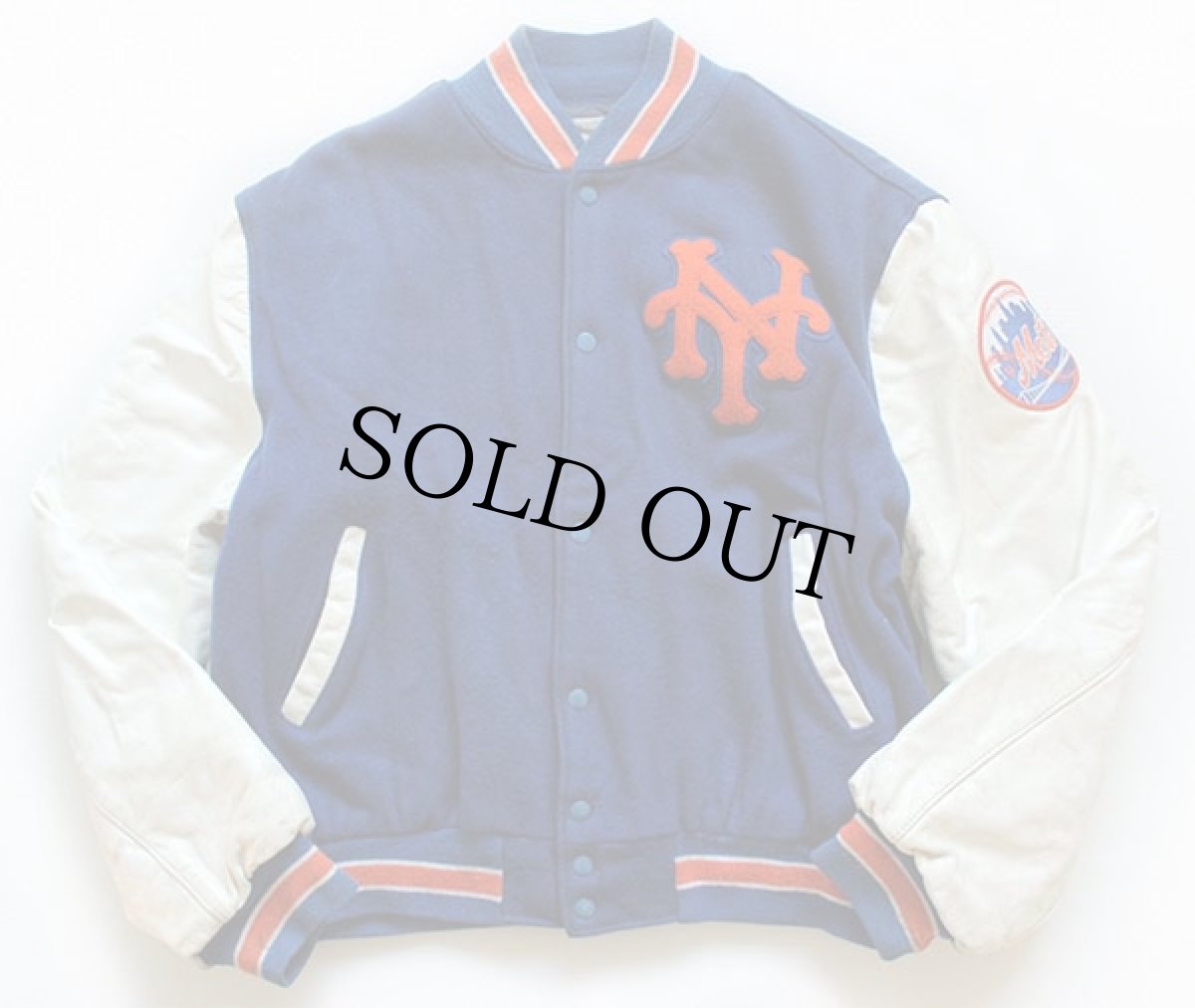 画像1: 90s NY Mets ニューヨーク メッツ パッチ付き メルトン ウール 袖革スタジャン 青×白×オレンジ (1)