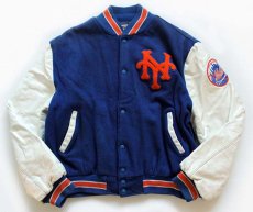 画像1: 90s NY Mets ニューヨーク メッツ パッチ付き メルトン ウール 袖革スタジャン 青×白×オレンジ (1)