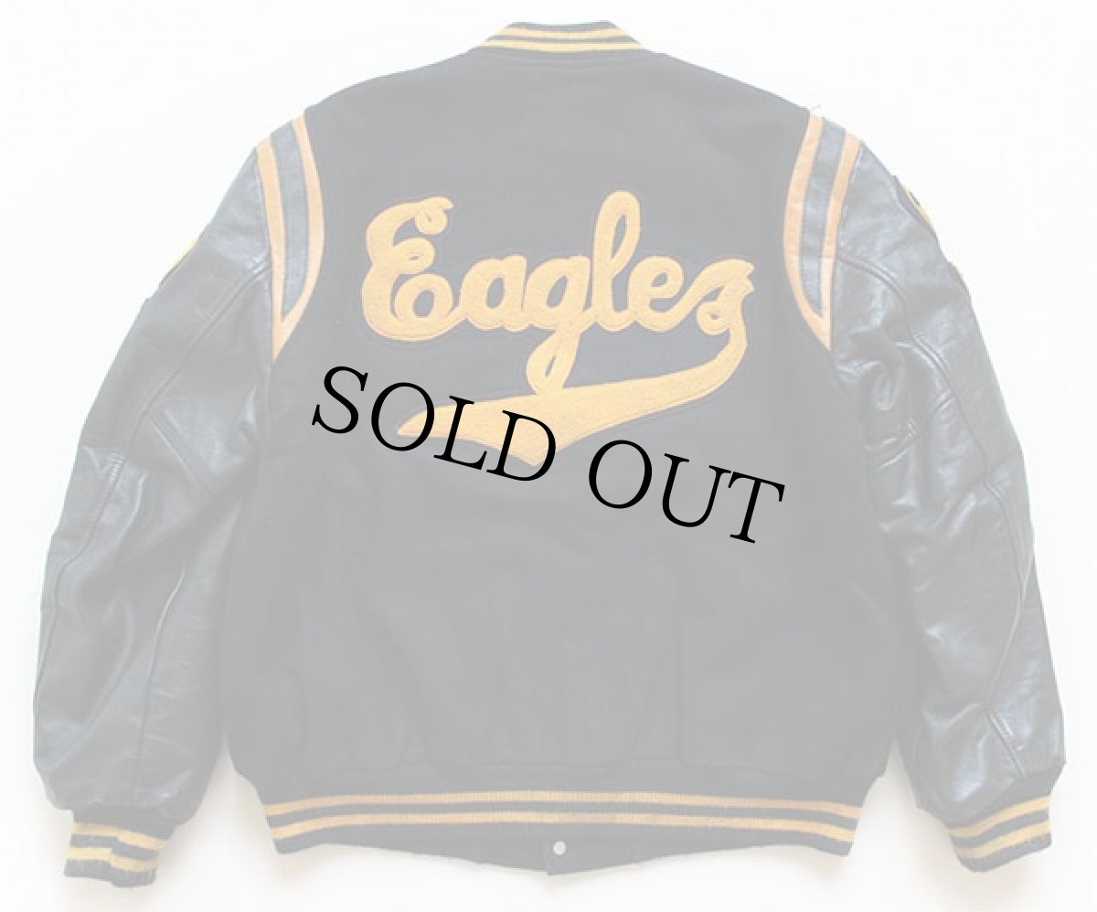 画像2: 90s USA製 Dave's パッチ付き メルトン ウール 袖革スタジャン 濃紺 L (2)