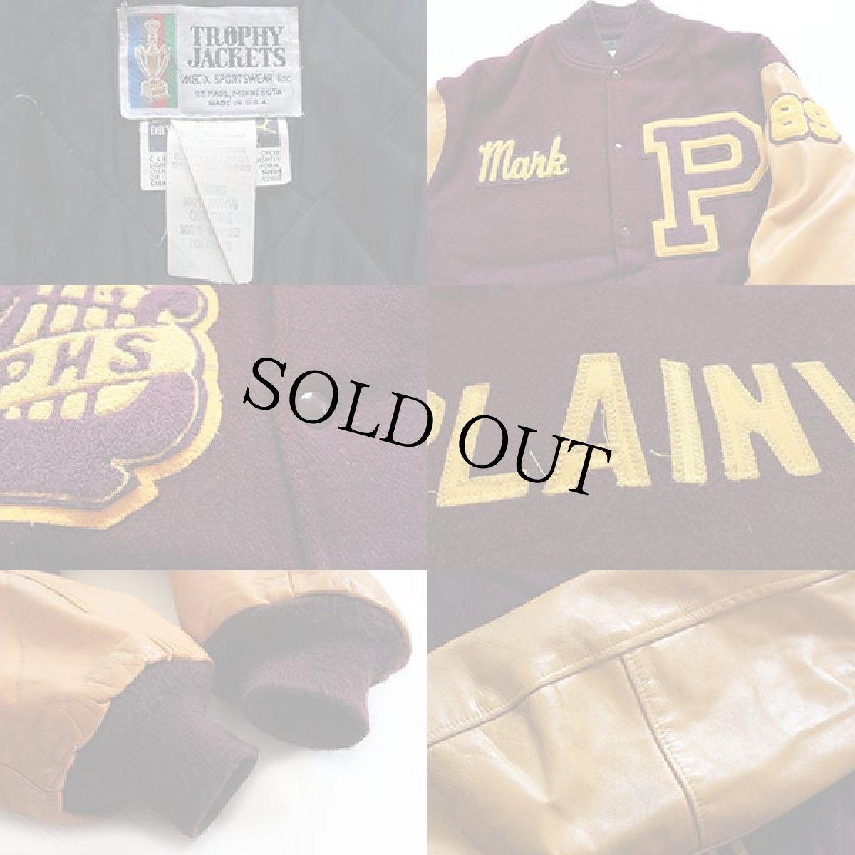 画像3: 80s USA製 TROPHY JACKETS パッチ付き メルトン ウール 袖革スタジャン バーガンディ XL (3)