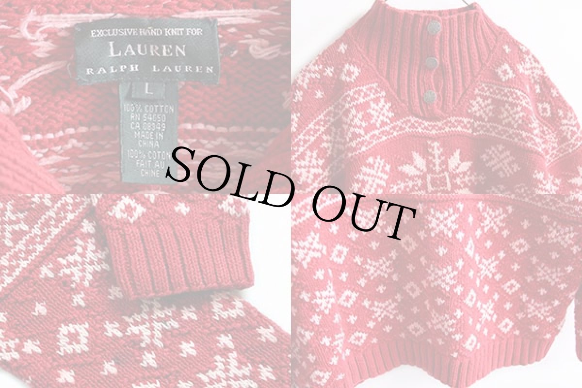 画像3: 00s LAUREN ラルフローレン 雪柄 ハイネック コットン ハンドニット セーター L (3)