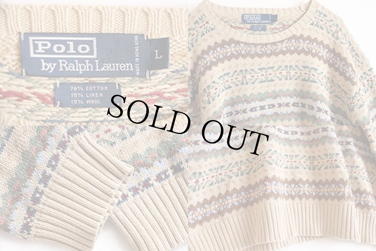 画像3: 90s ポロ ラルフローレン フェアアイル柄 ウール×リネン×コットンニット セーター L (3)
