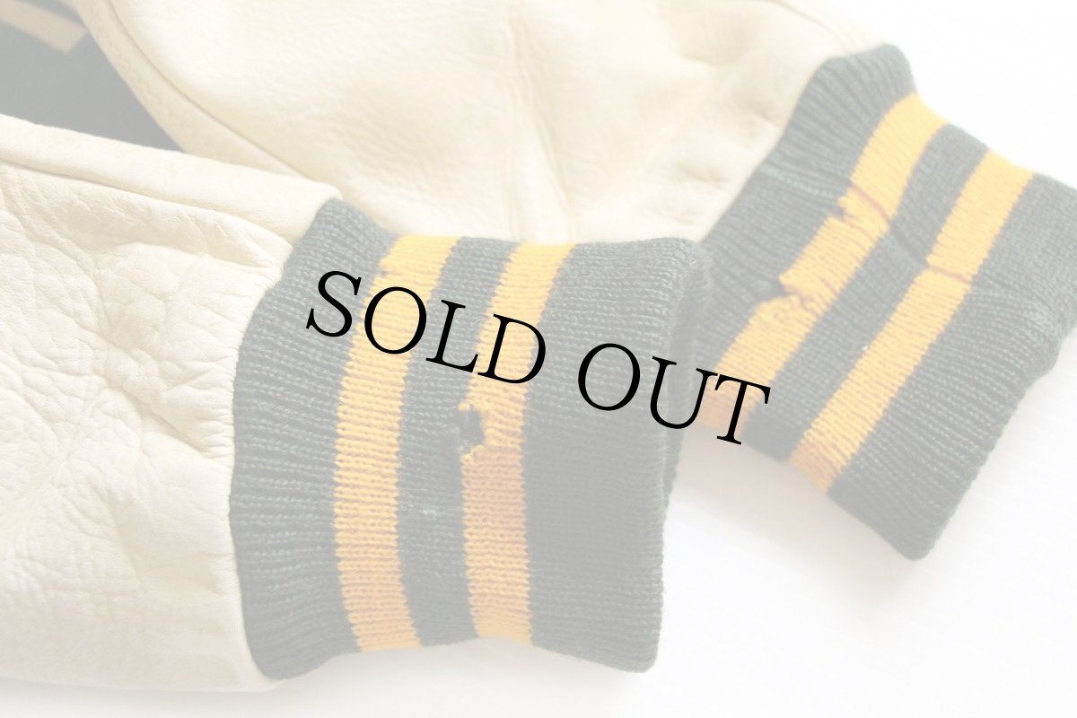 画像8: 50s Whiting メルトン ウール 袖革スタジャン 緑×アイボリー 40 (8)