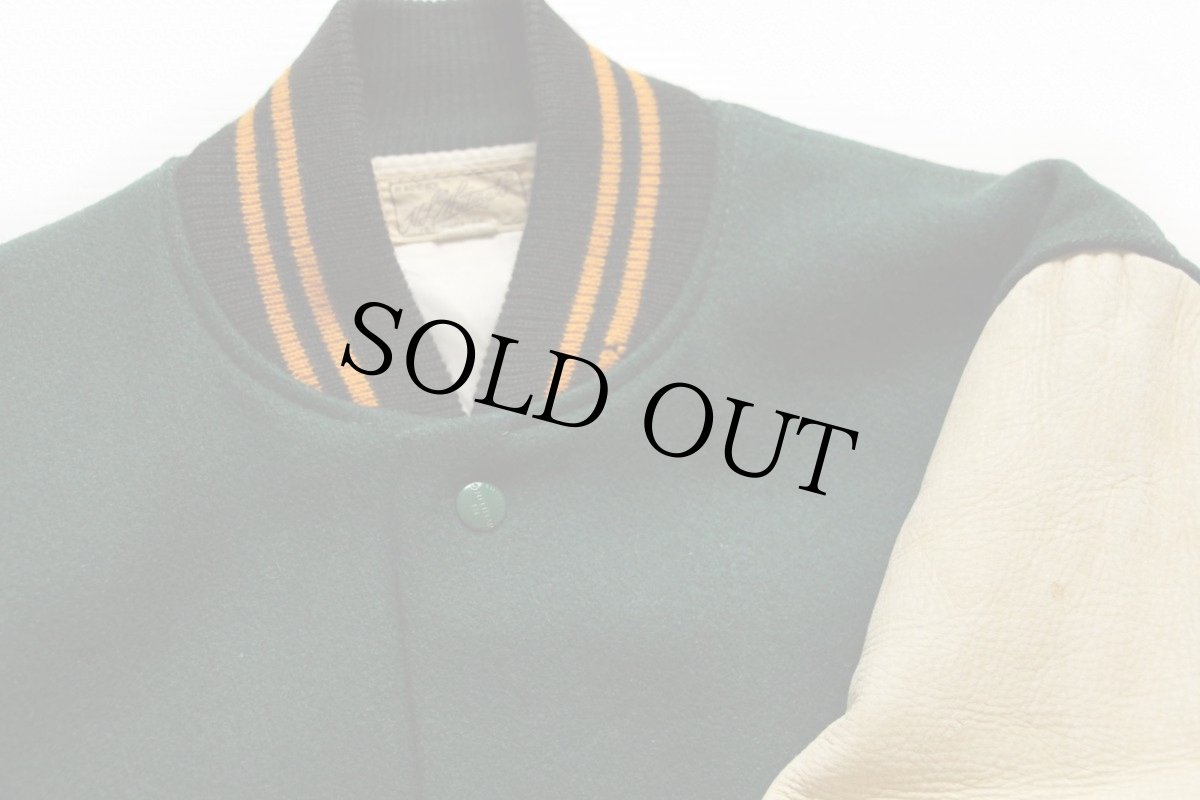 画像3: 50s Whiting メルトン ウール 袖革スタジャン 緑×アイボリー 40 (3)