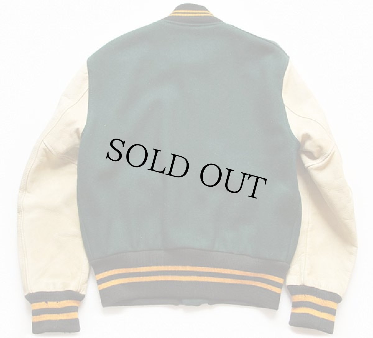 画像2: 50s Whiting メルトン ウール 袖革スタジャン 緑×アイボリー 40 (2)