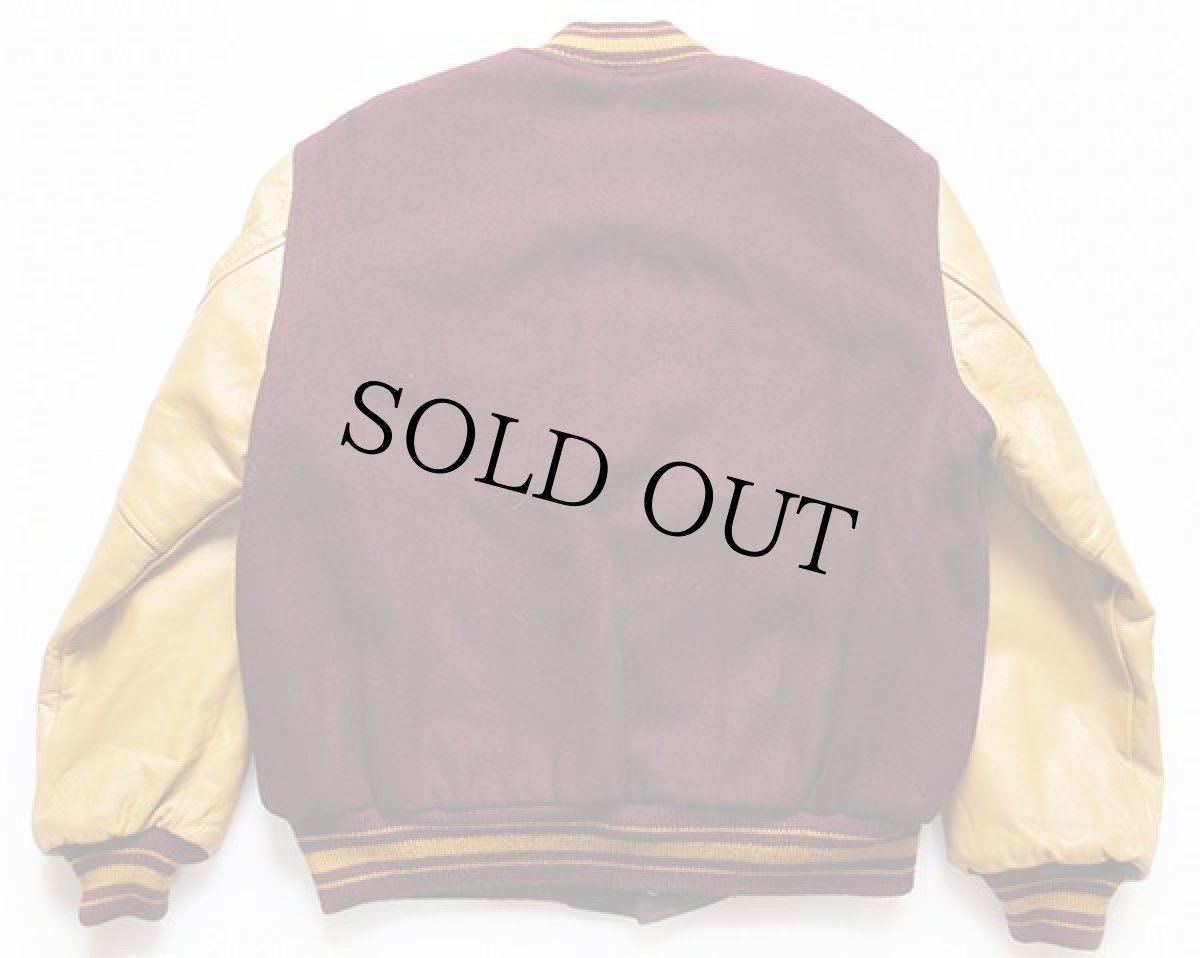 画像2: 80s TROPHY JACKETS メルトン ウール 袖革スタジャン バーガンディ M (2)