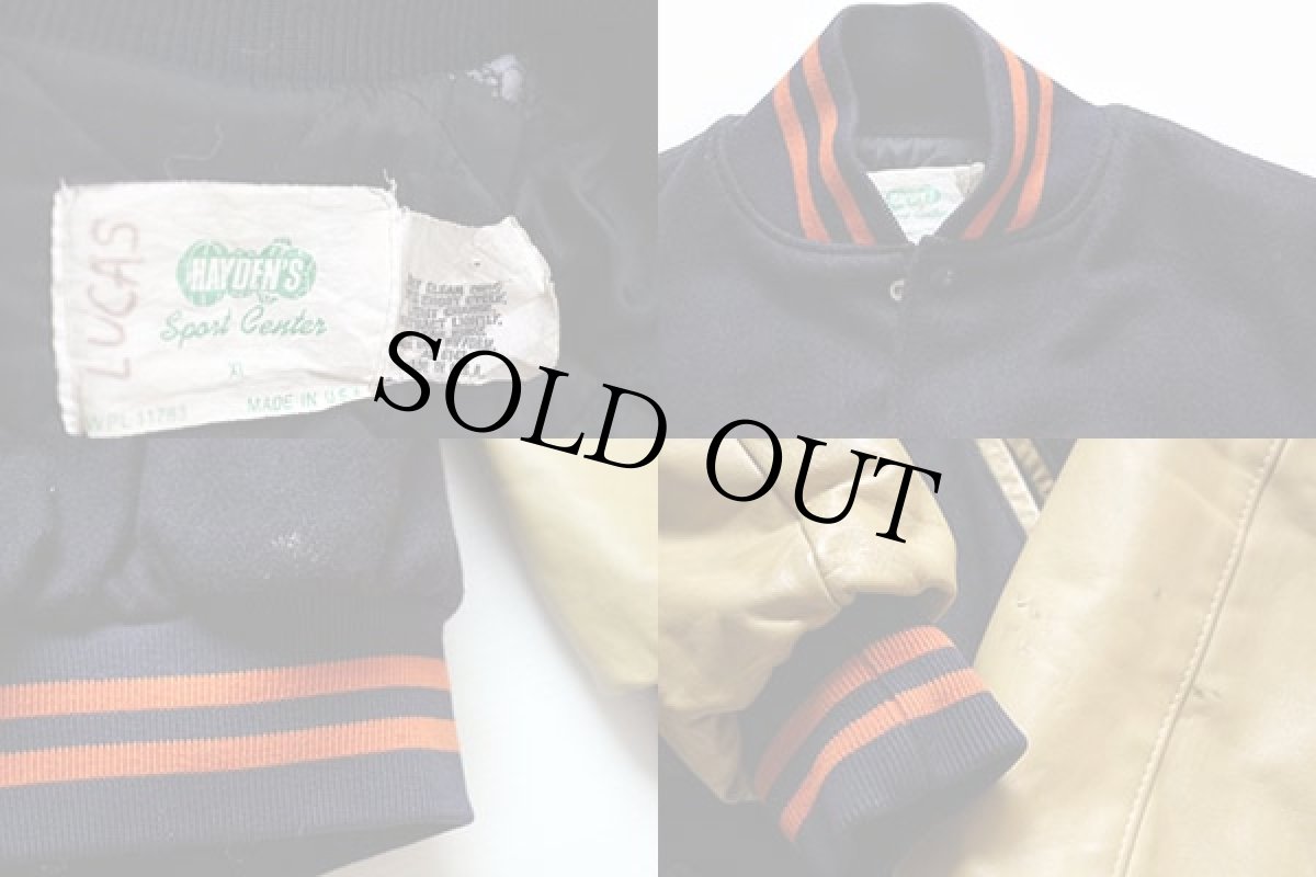 画像3: 80s USA製 HAYDEN'S メルトン ウール 袖革スタジャン 紺 XL (3)