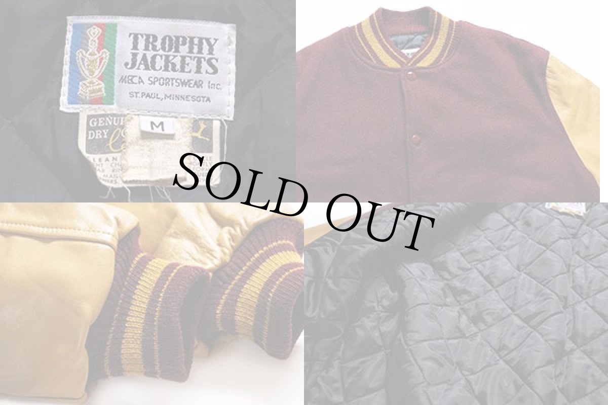 画像3: 80s TROPHY JACKETS メルトン ウール 袖革スタジャン バーガンディ M (3)