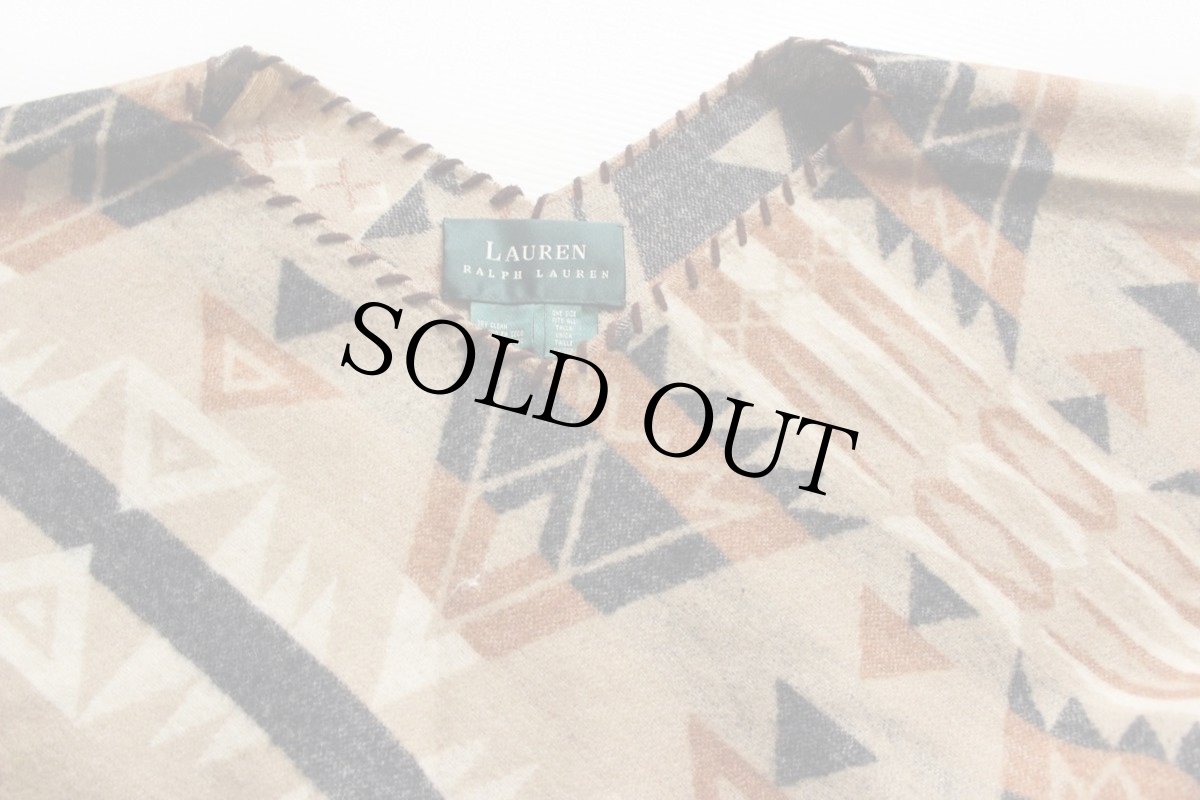 画像3: 90s LAUREN ラルフローレン ネイティブ柄 ウール ブランケット ポンチョ (3)