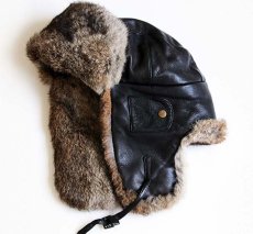 画像1: MAD BOMBER ラビットファー レザー フライトキャップ 焦げ茶 XL (1)