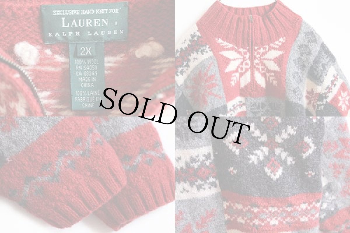 画像3: 00s LAUREN ラルフローレン 雪柄 パッチワーク ハイネック ウール ハンドニット セーター 2X (3)