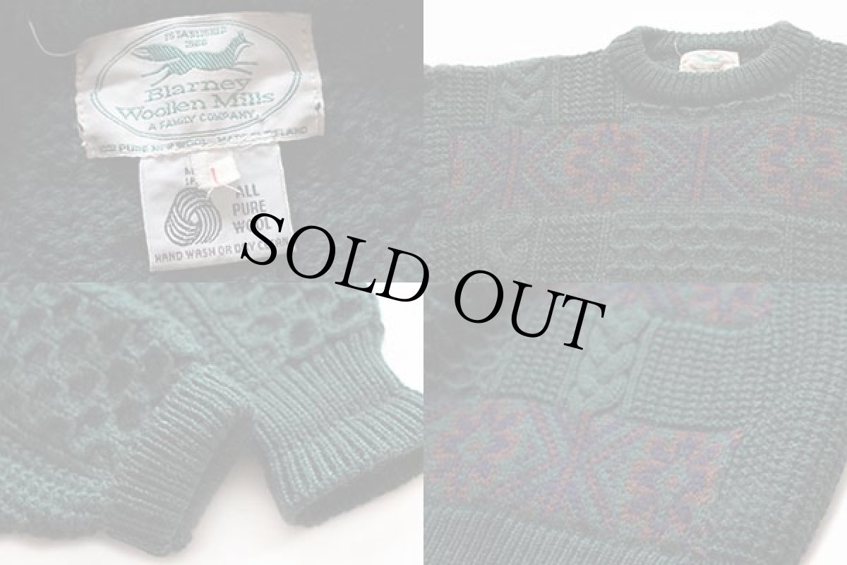 画像3: アイルランド製 Blarney ノルディック柄 ケーブル編み切り替え ウールニット セーター 緑 L★フィッシャーマン (3)