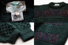 画像3: アイルランド製 Blarney ノルディック柄 ケーブル編み切り替え ウールニット セーター 緑 L★フィッシャーマン (3)