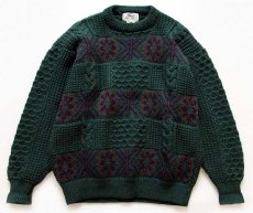 画像1: アイルランド製 Blarney ノルディック柄 ケーブル編み切り替え ウールニット セーター 緑 L★フィッシャーマン (1)
