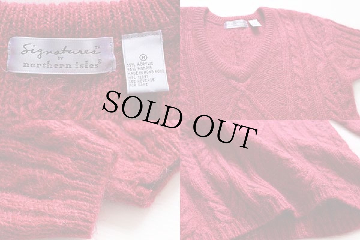 画像3: 90s northern isles Vネック ケーブル編み モヘヤ ニット セーター 赤 M (3)