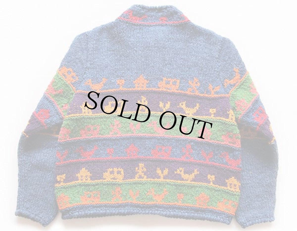 画像2: ボリビア製 amano モックネック フォークロア 切り替え ウールニット カーディガン (2)