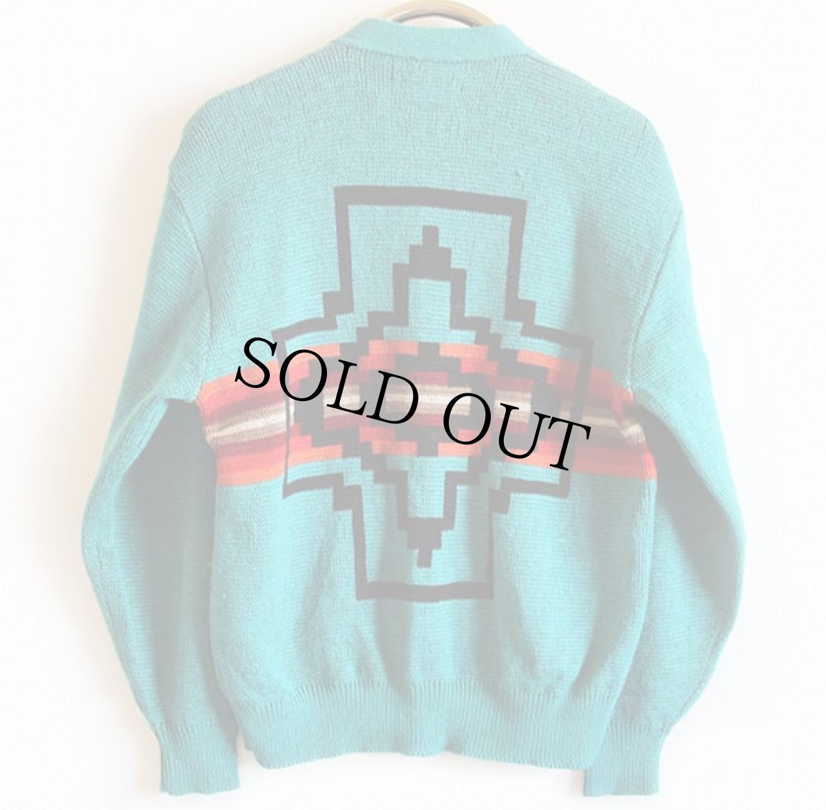 画像2: 70s USA製 PENDLETONペンドルトン ネイティブ柄 ジャガード ウールニット カーディガン ターコイズ L (2)