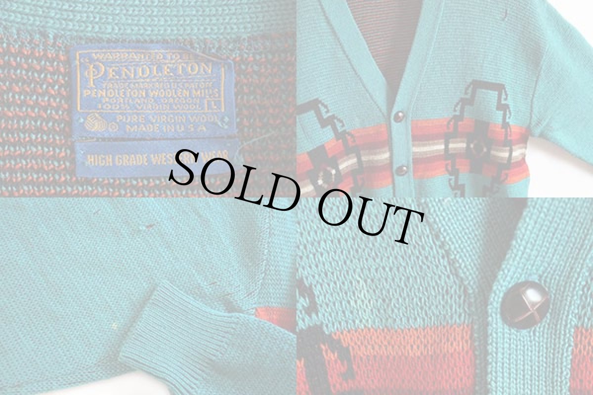 画像3: 70s USA製 PENDLETONペンドルトン ネイティブ柄 ジャガード ウールニット カーディガン ターコイズ L (3)