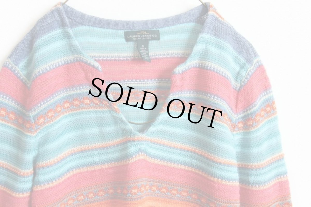 画像2: LAUREN ラルフローレン ラグ柄 リネン×コットンニット セーター S (2)