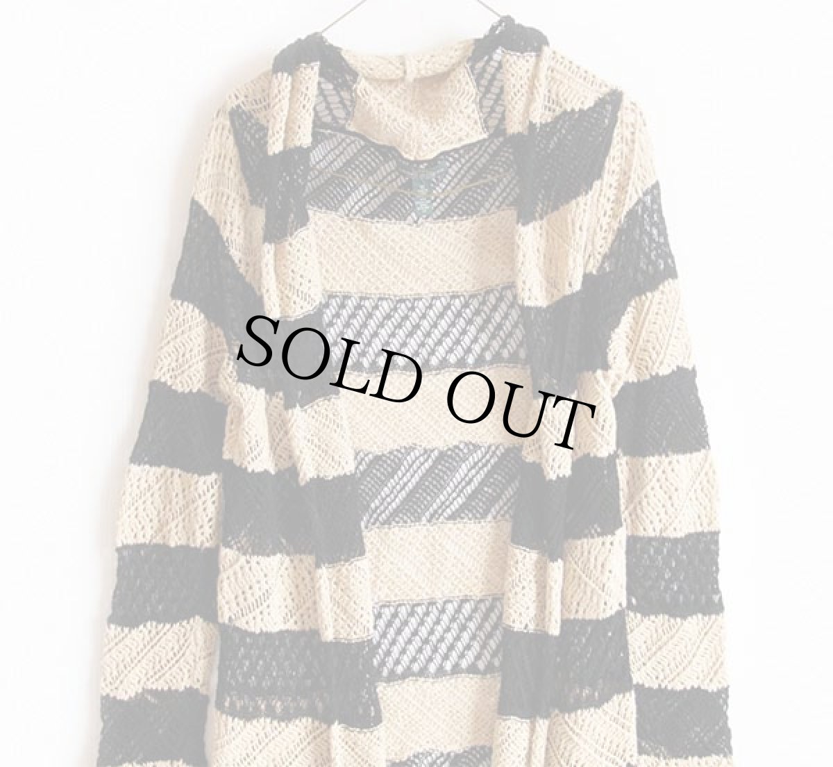 画像3: LAUREN ラルフローレン ショールカラー 太ボーダー カギ編み リネン×コットンニット カーディガン M (3)