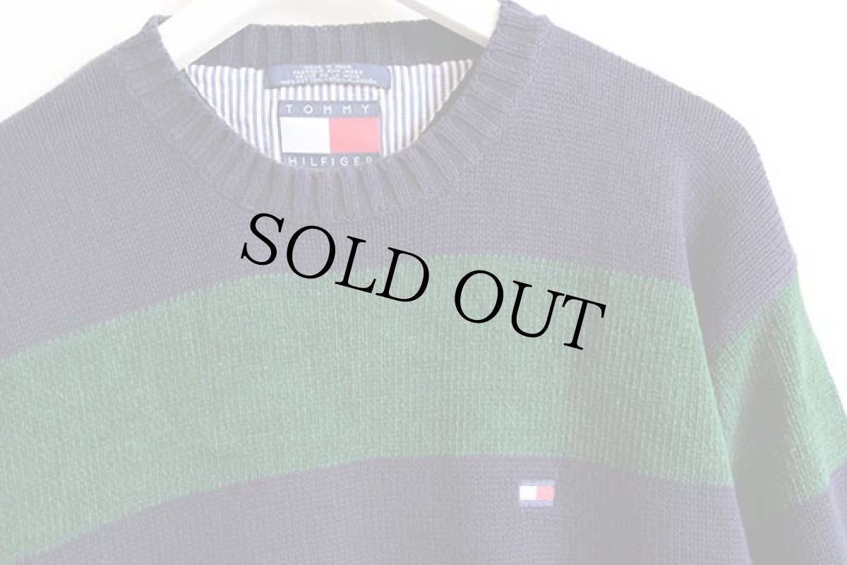 画像2: 00s TOMMY HILFIGERトミーヒルフィガー 太ボーダー コットンニットセーター 紺×緑 L (2)