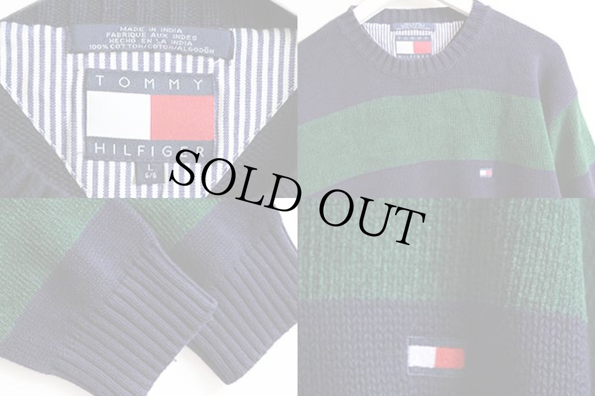 画像3: 00s TOMMY HILFIGERトミーヒルフィガー 太ボーダー コットンニットセーター 紺×緑 L (3)