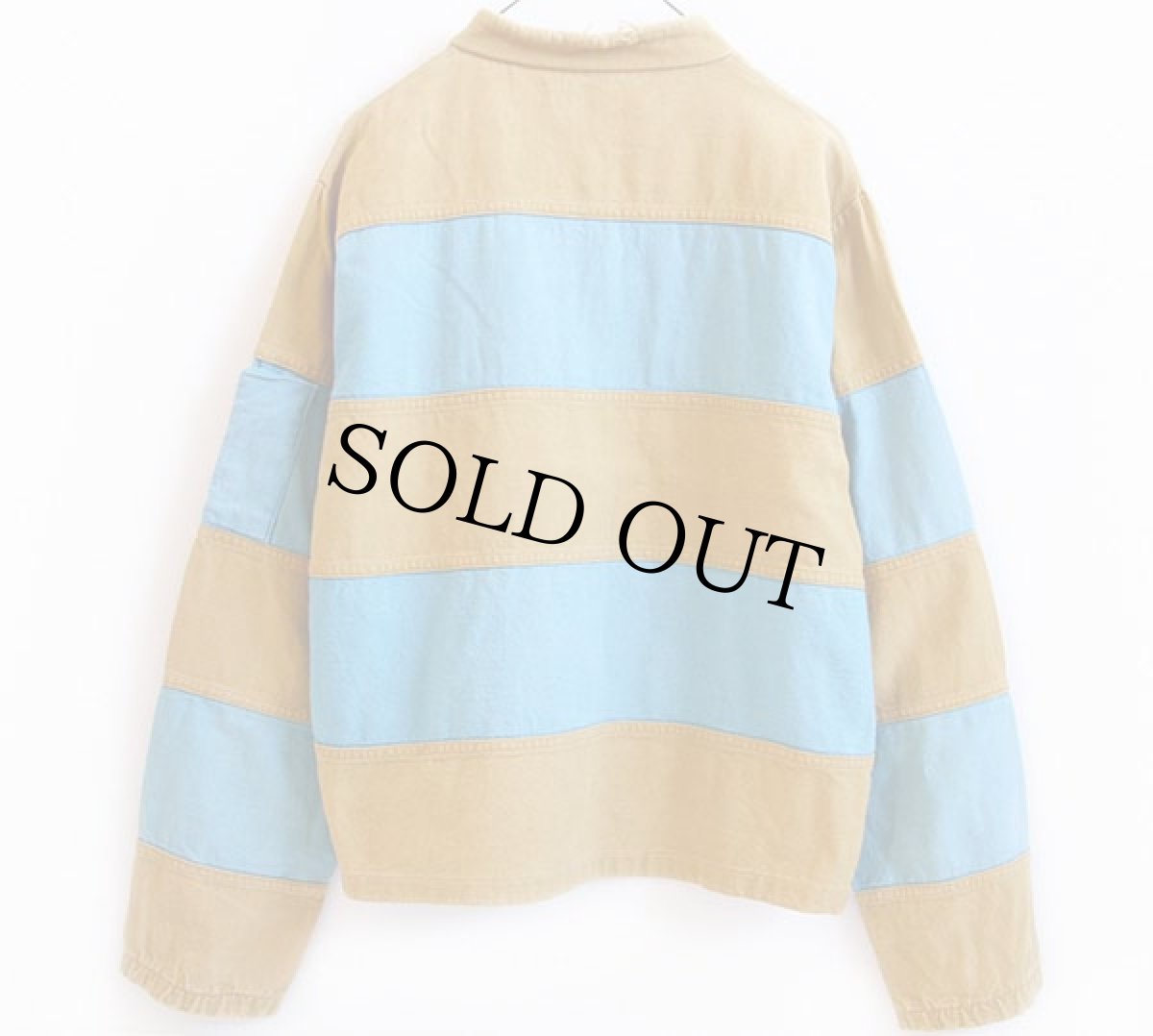 画像2: 70s UNKNOWN 太ボーダー 切り替え スタンドカラー コットンジャケット 薄茶×水色 (2)