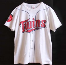 画像1: 90s USA製 MLB Twins Coca-Colaコカコーラ ベースボールシャツ 騙し絵 コットンTシャツ 白 M (1)