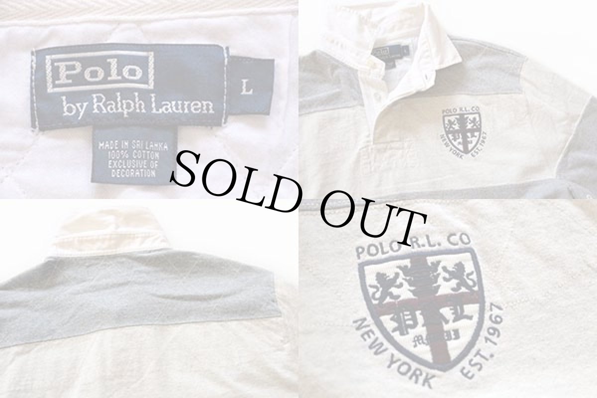 画像3: ポロ ラルフローレン 太ボーダー 半袖 ラガーシャツ グレー×オートミール L (3)