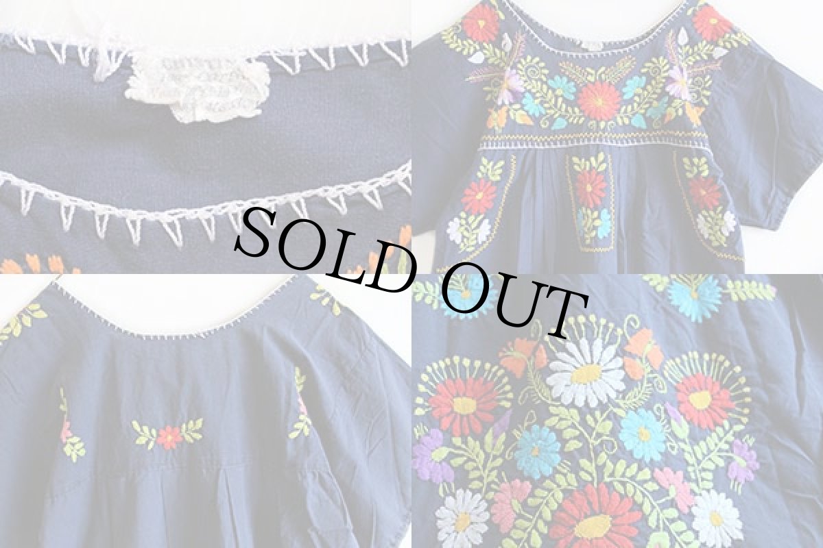 画像3: メキシコ製 花柄刺繍 コットン チュニック ワンピース 紺 (3)