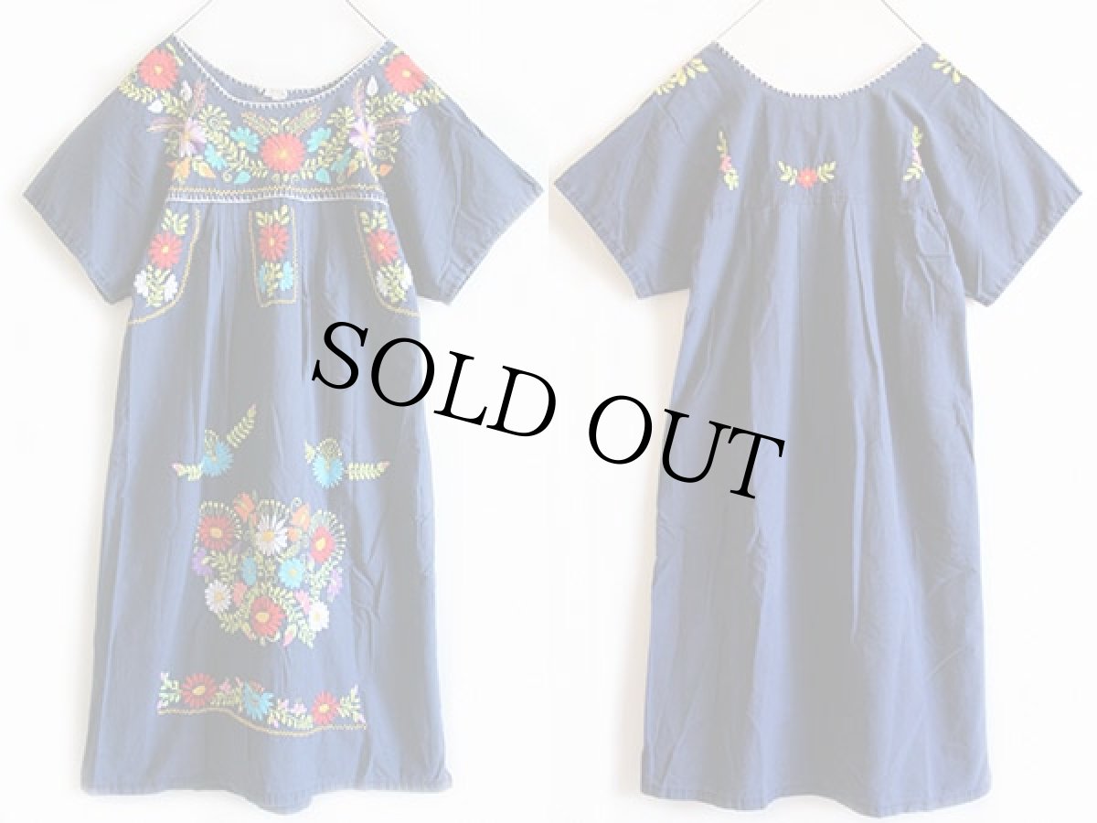 画像2: メキシコ製 花柄刺繍 コットン チュニック ワンピース 紺 (2)