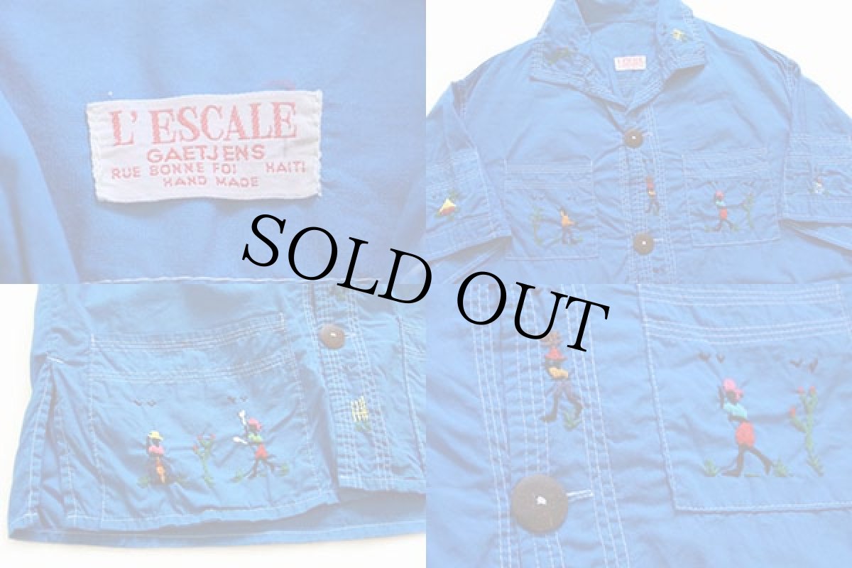 画像3: ビンテージ ハイチ製 L'ESCALE ハンドメイド 刺繍入り 半袖 コットンシャツ 青 (3)