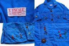 画像3: ビンテージ ハイチ製 L'ESCALE ハンドメイド 刺繍入り 半袖 コットンシャツ 青 (3)